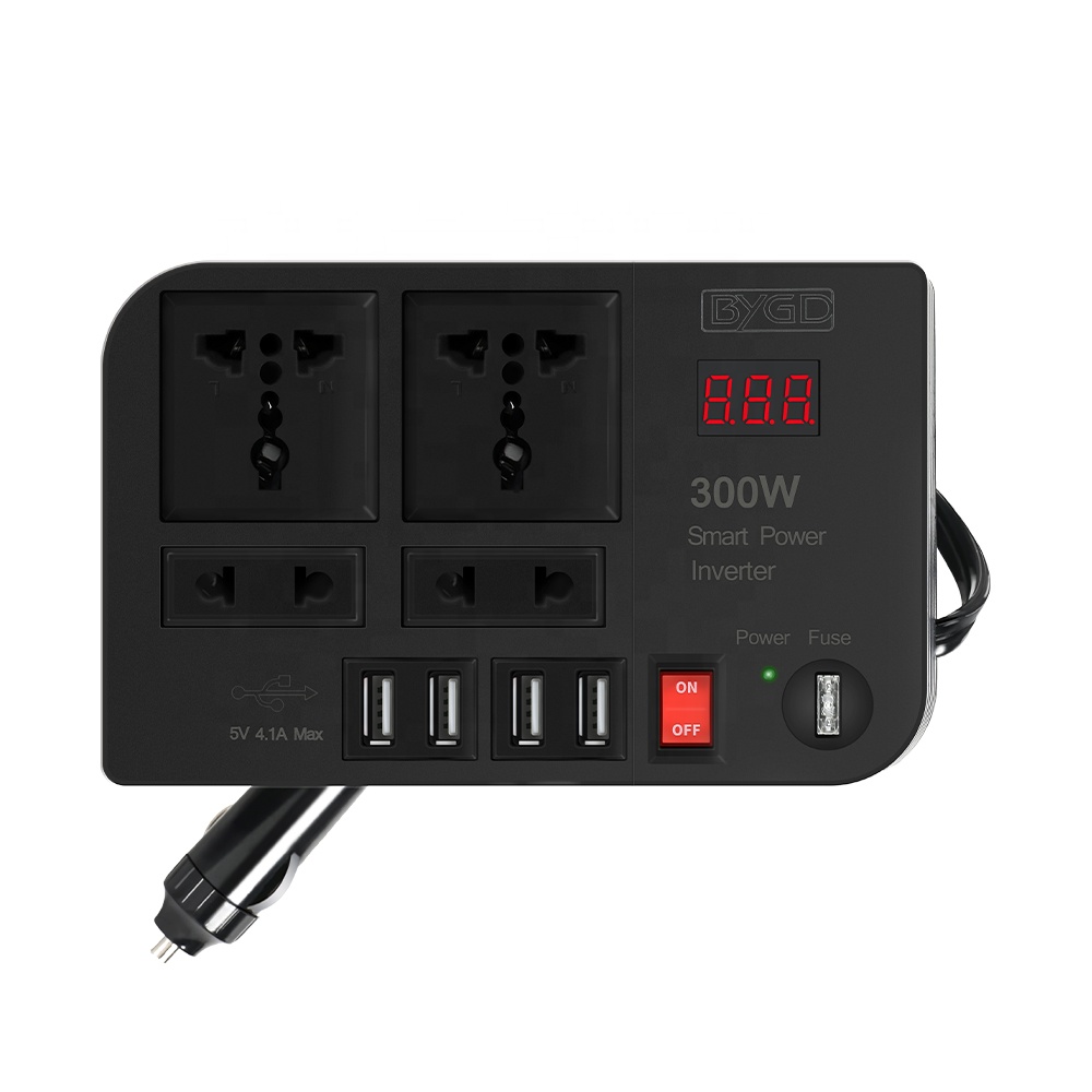 اینورتر برق خودرو BYGD 300 وات | مبدل برق 12 ولت به 220 ولت با نمایشگر دیجیتال و 4 پورت USB