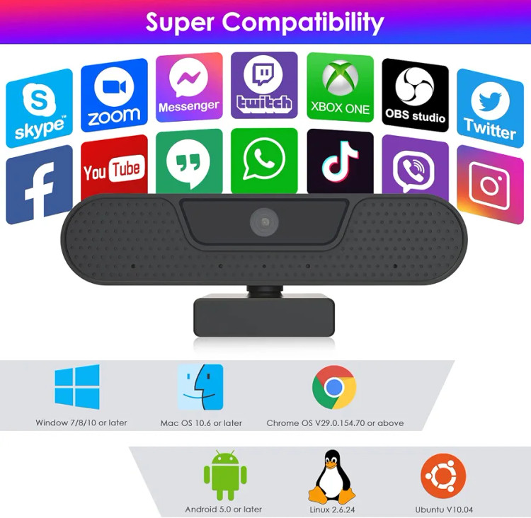 وبکم حرفهای VIZOLINK Full HD 1080P 60FPS | وبکم USB با ۴ میکروفون، تصحیح نور و درپوش حریم خصوصی