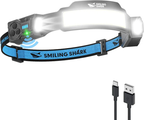 چراغ پیشانی شارژی Smiling Shark | هدلامپ LED فوقالعاده پرنور با سنسور حرکتی، زوم و باتری قابل شارژ