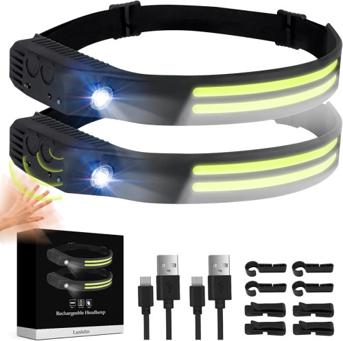 چراغ پیشانی شارژی Lanlelin هدلامپ LED با نور 230 درجه، سنسور حرکتی و ضدآب پک دو عددی IPX4