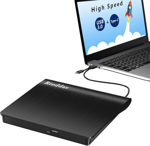 درایو نوری اکسترنال Rioddas DVD/CD رایتر USB 3.0 و Type-C سازگار با ویندوز، مک و لینوکس مدل BT669