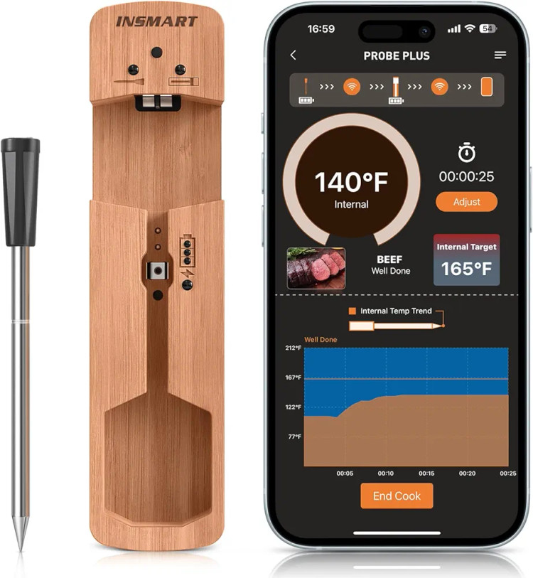 دماسنج هوشمند بلوتوثی مدل INSMART 37A8 دماسنج دیجیتال بیسیم گوشت با اپلیکیشن، ضدآب و شارژی