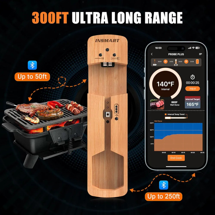 دماسنج هوشمند بلوتوثی مدل INSMART 37A8 دماسنج دیجیتال بیسیم گوشت با اپلیکیشن، ضدآب و شارژی