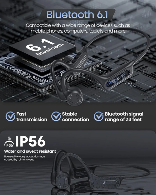 هدفون بلوتوث 6.0 با قابلیت هدایت استخوانی، مدل x56-2 هدفون ورزشی ضد آب با استاندارد IP56، مناسب برای دویدن، دوچرخهسواری و تمرین ن1