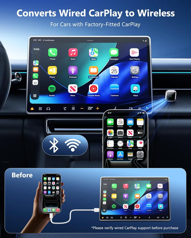 دانگل بیسیم WIRELESS CAR ADAPTER مدل EC28 تبدیل CarPlay و Android Auto سیمی به بیسیم