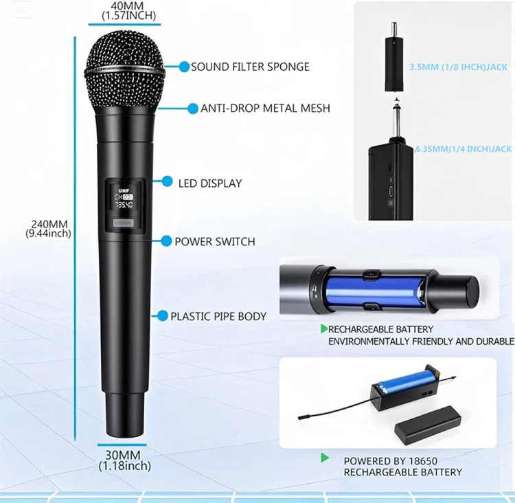میکروفون بیسیم LZHIOs | میکروفون کارائوکه بلوتوثی دو عددی با گیرنده شارژی و برد ۵۰ متر Professional Wireless Microphone
