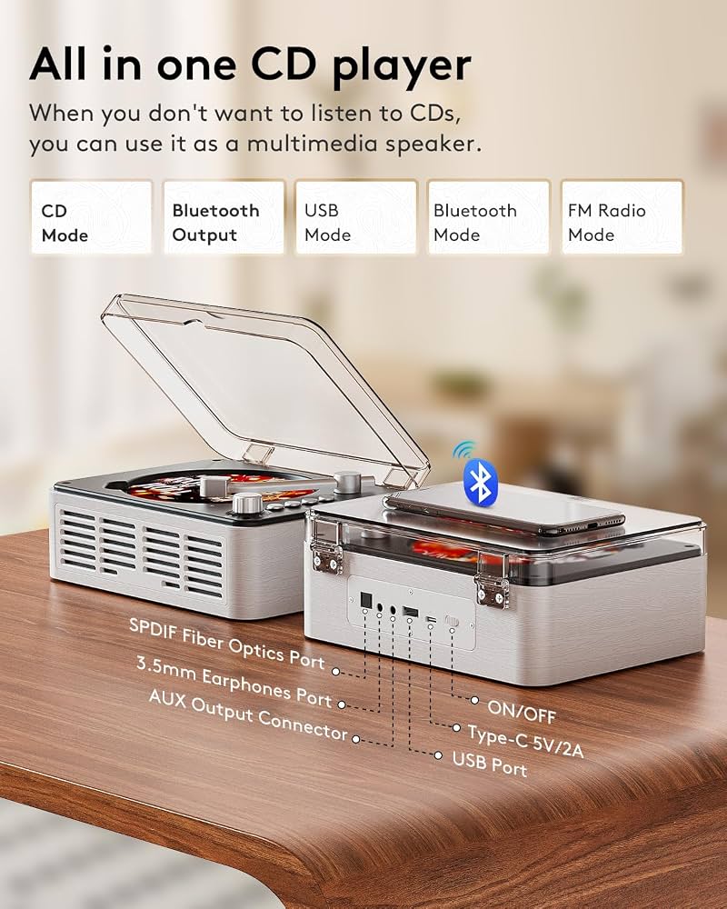 پخشکننده موسیقی نوستالژیک CARONSORT مدل Retro Bluetooth CD Player