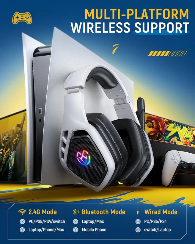 هدست گیمینگ بیسیم Tatybo WT5Wصدای 7.1، بلوتوث 5.3 و باتری ۳۰ ساعته
